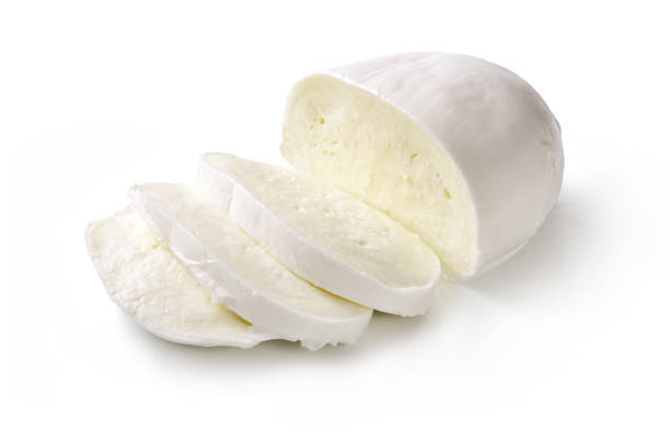 Italian buffalo mozzarella isolated on white background. Fresh mozzarella from Campania cut into slices, produced with only buffalo milk. mozzarella stock pictures, royalty-free photos & images