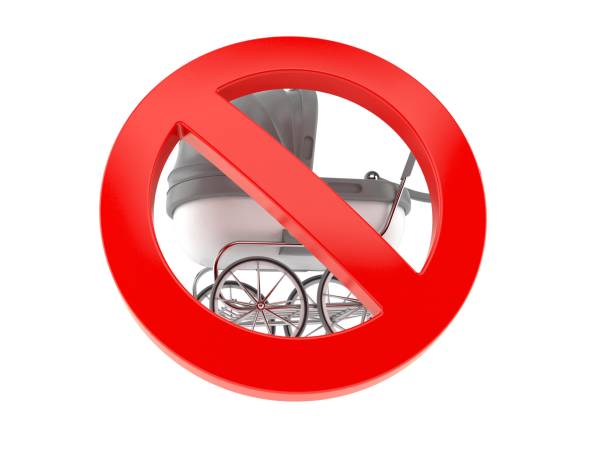 Baby stroller with forbidden symbol isolated on white background. 3d illustration
