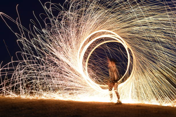 Iron wool circle drawing light fireworks. Burning Steel Wool spinning, Trajectories of burning sparks at night. Movement light effect, steel wool fire hoop. long exposure light painting, Pyrotechnic