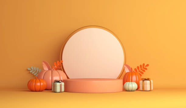 istock Happy Halloween display podium with pumpkin, gift box on orange background, copy space text, 3D rendering illustration. 1341218290