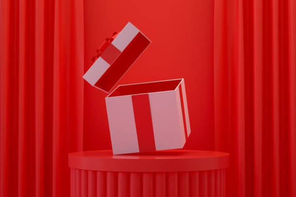 istock Open Gift Box, Minimal 3d Design on Red Curtain Background 1341219039
