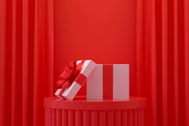 istock Open Gift Box, Minimal 3d Design on Red Curtain Background 1341219159