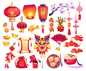 New Year chinese holiday symbols isolated icons set. Vector lantern lamp, sakura flower, tassel decoration and golden ingot knot. Paper dragon head, red hongbao envelope, gold bars and coinst