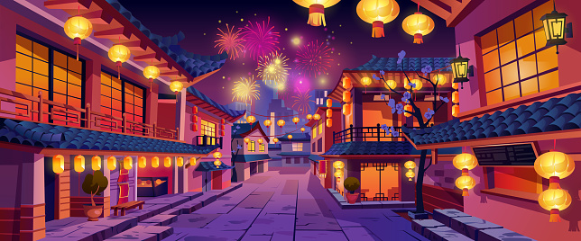 CNY holiday celebration, chinese New Year panorama at night. Vector houses with lights, lanterns and garlands, fireworks on background. Street festively decorated, chinatown city buildings