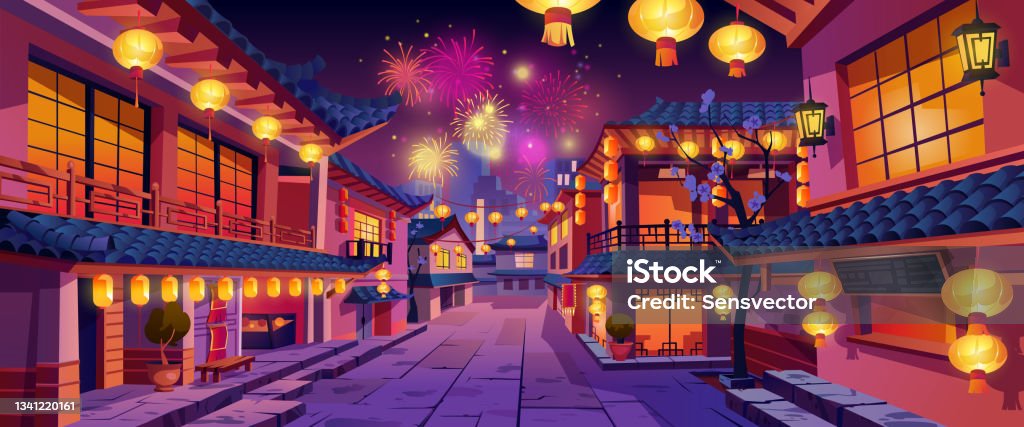CNY holiday celebration, chinese New Year panorama at night. Vector houses with lights, lanterns and garlands, fireworks on background. Street festively decorated, chinatown city buildings City stock vector