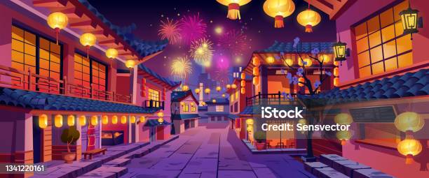 Cny Holiday Celebration Chinese New Year Panorama At Night Vector Houses With Lights Lanterns And Garlands Fireworks On Background Street Festively Decorated Chinatown City Buildings Stock Illustration - Download Image Now