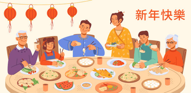 Chinese New Year gala dinner with food on plates and people hands holding chopsticks, red paper lanterns decoration. Vector traditional China cuisine dishes, fish and rice, dumplings and vegetables Chinese New Year gala dinner with food on plates and people hands holding chopsticks, red paper lanterns decoration. Vector traditional China cuisine dishes, fish and rice, dumplings and vegetables family dinner stock illustrations