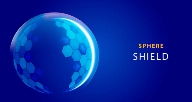 Modern tech futuristic of bubble dome shield sphere with hexagon halftone pattern grid elements on dark blue background Modern tech futuristic of bubble dome shield sphere with hexagon halftone pattern grid elements on dark blue background. Vector illustration Hexagon stock illustrations