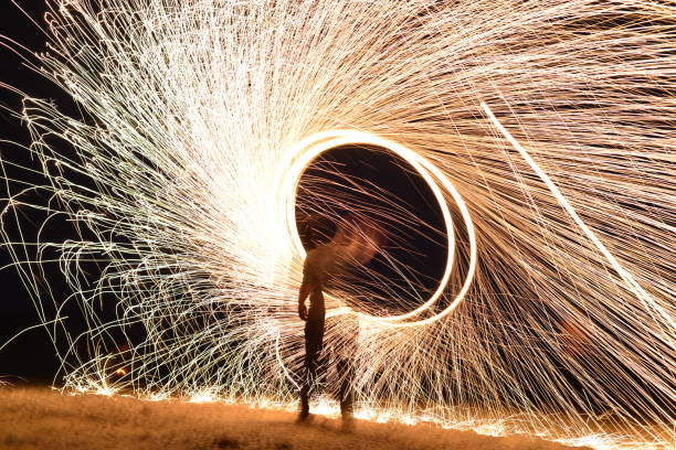 istock Iron wool circle drawing light fireworks. Burning Steel Wool spinning, Trajectories of burning sparks at night. Movement light effect, steel wool fire hoop. long exposure light painting, Pyrotechnic 1341221339