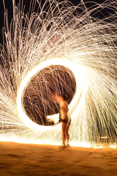 istock Iron wool circle drawing light fireworks. Burning Steel Wool spinning, Trajectories of burning sparks at night. Movement light effect, steel wool fire hoop. long exposure light painting, Pyrotechnic 1341221340