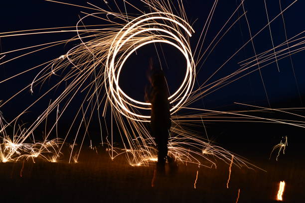 Iron wool circle drawing light fireworks. Burning Steel Wool spinning, Trajectories of burning sparks at night. Movement light effect, steel wool fire hoop. long exposure light painting, Pyrotechnic