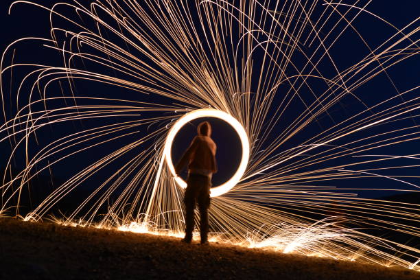 istock Iron wool circle drawing light fireworks. Burning Steel Wool spinning, Trajectories of burning sparks at night. Movement light effect, steel wool fire hoop. long exposure light painting, Pyrotechnic 1341221344
