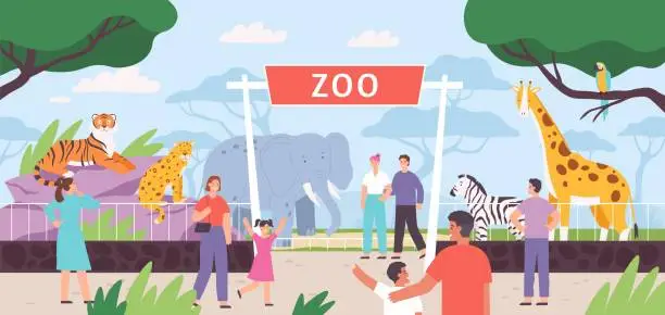 Vector illustration of Flat zoo entrance gates with visitor family and kids. Cartoon safari park with people and african savannah animals in cages vector landscape