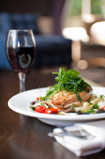 Gourmet chicken meal with glass of red wine