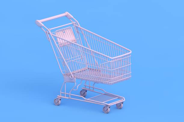 istock Pink shopping cart on blue background 1341223662