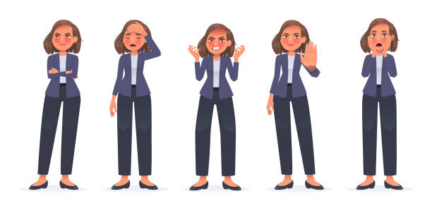 ilustrações, clipart, desenhos animados e ícones de um conjunto de mulheres de negócios de caráter expressando emoções negativas. garota descontente e irritada. dor de cabeça, pare o gesto - business businesswoman distraught backgrounds