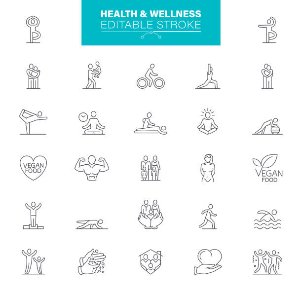 건강과 웰빙 아이콘 편집 가능한 스트로크. 요가, 가족, 수영, 사이클링, 달리기, 다이어트 와 같은 아이콘이 포함되어 있습니다. - wellbeing healthy lifestyle sign healthy eating stock illustrations
