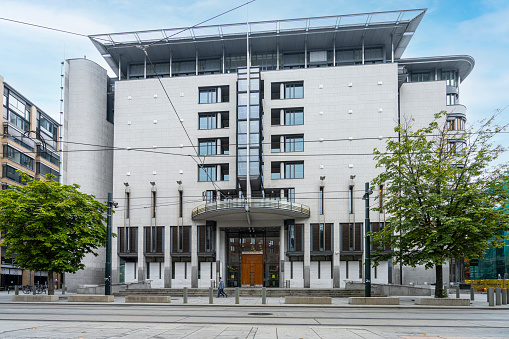 Kyiv, Ukraine - April 28, 2012: The imposing curved frontage (facade) of the building housing the Cabinet of Ministers of Ukraine, Government House. View from Mykhaila Hrushevskoho St. Wide angle view.