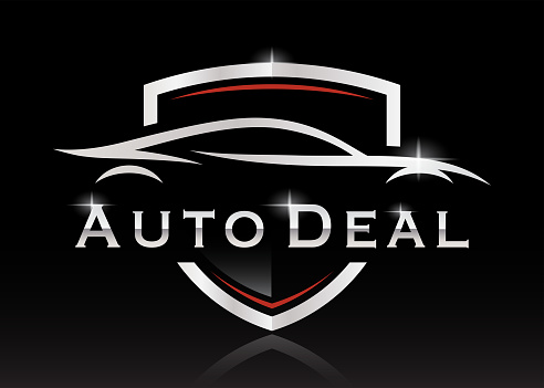 Sports car silhouette shield sign. Performance supercar motor vehicle dealership symbol. Auto deal garage badge icon. Vector illustration.