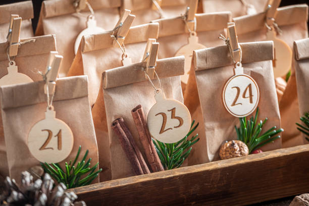 Original Christmas Advent Calendar in an old wooden drawer stock photo