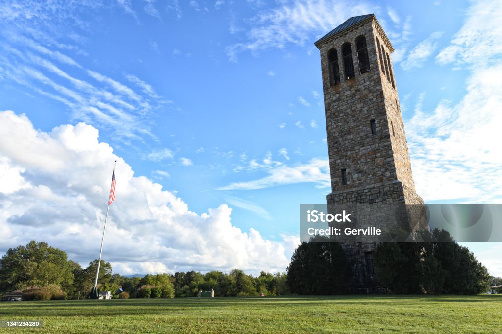 Singing Tower Luray, Virginia Luray, Virginia's 47 Bell Taylor Carillon that was dedicated in 1937. American Flag Stock Photo