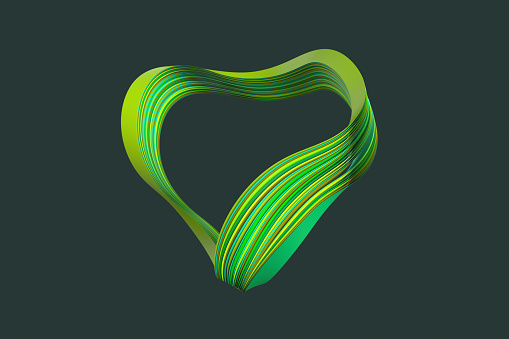 Abstract waving layers in heart shape on dark green background representing  circular economy and regenerative energy, CGI.