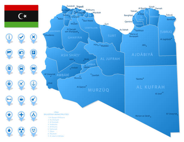 Blue map of Libya administrative divisions with travel infographic icons. Blue map of Libya administrative divisions with travel infographic icons. Vector illustration libya map stock illustrations