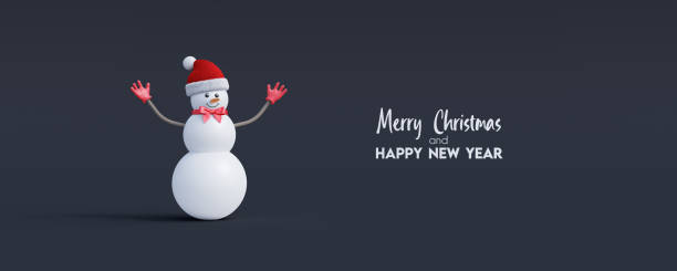 istock Happy snowman greeting card on black background 3d render 1341238102