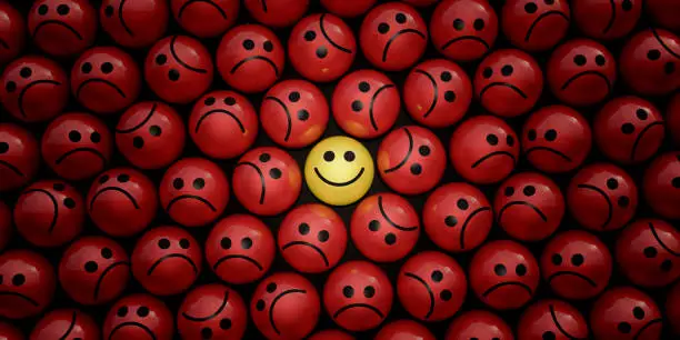 Happy and sad funny face ball character in crowd 3d render 3d illustration