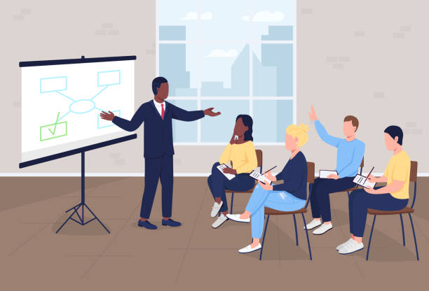 Business presentation flat color vector illustration Business presentation flat color vector illustration. Corporate training for employees. Professional development. Seminar audience with tutor 2D cartoon characters with interior on background education training class illustrations stock illustrations