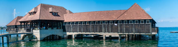 Rorschach/Switzerland - 02.07.2021: Old historical Bathing Hut in Rorschach on lake constance. The last remaining Building of this Kind on the lake. Architectual style from 1924.
