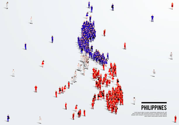 philippinen karte und flagge. eine große gruppe von personen in der philippinischen flaggenfarbe, um die karte zu erstellen. vektor-illustration. - philippines map manila philippines flag stock-grafiken, -clipart, -cartoons und -symbole