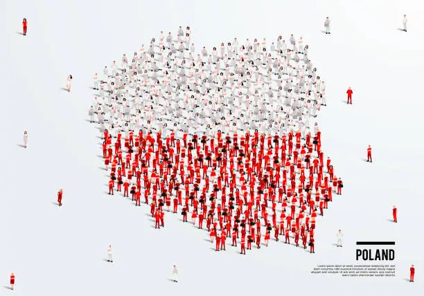 Vector illustration of Poland Map and Flag. A large group of people in the Poland flag color form to create the map. Vector Illustration.