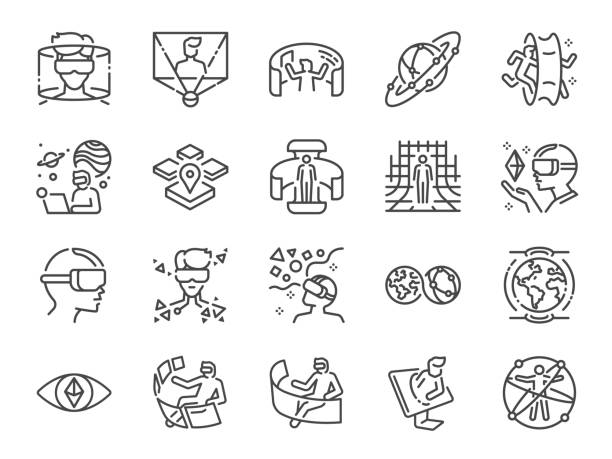 Metaverse line icon set. Included the icons as Virtual, World, Virtual reality, VR, digital, earth 2, Futuristic and more. Metaverse line icon set. Included the icons as Virtual, World, Virtual reality, VR, digital, earth 2, Futuristic and more. virtual reality simulator stock illustrations