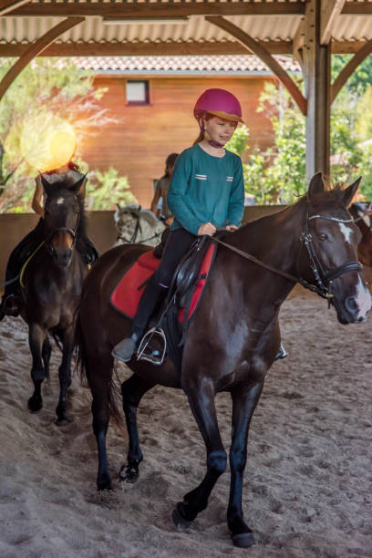 cute little girl taking a riding lesson on a pony - teaching child horseback riding horse imagens e fotografias de stock