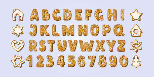 Christmas gingerbread alphabet font and numbers. Winter glazed cookies in shape of gingerbread house and tree and star, snowflake and heart. Cartoon Vector illustration Christmas gingerbread alphabet font and numbers. Winter glazed cookies in shape of gingerbread house and tree and star, snowflake and heart. Cartoon Vector illustration. gingerbread man stock illustrations