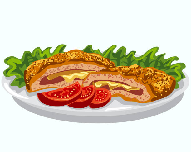 cordon bleu dish illustration of the cordon bleu dish, chicken breast fillet with cheese, tomatoes and lettuce on the plate breaded stock illustrations