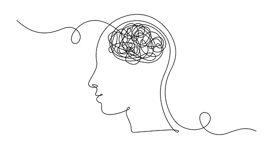 Continuous one line drawing of man head with messy thoughts worried about bad mental health. Problems, stress, headache and grief concept in doodle style. Linear Vector illustration.