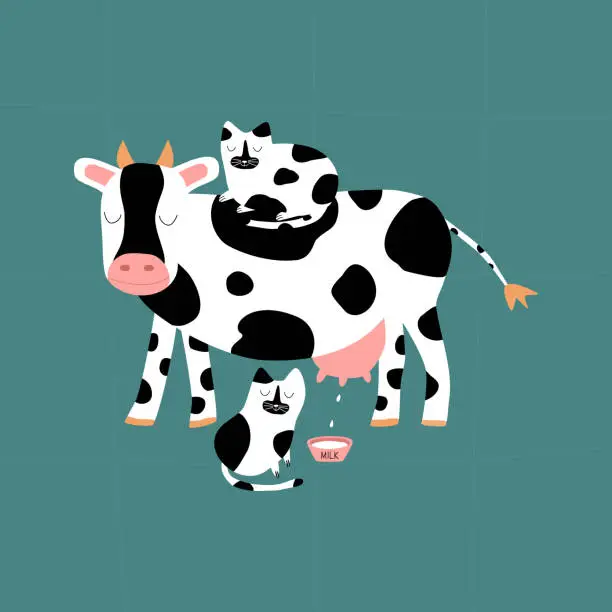 Vector illustration of Cute black and white cow and two spotted cats with bowl of milk. Adorable cheerful kine and funny feline. Animal baby characters hand drawn vector illustration.