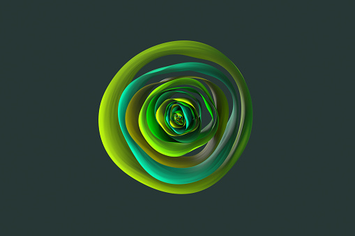 Abstract circular layers shape on dark green background representing  circular economy and regenerative energy, CGI.