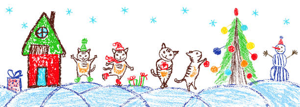 istock Christmas funny cat. Like child hand drawing christmas space holiday border. 1341245574