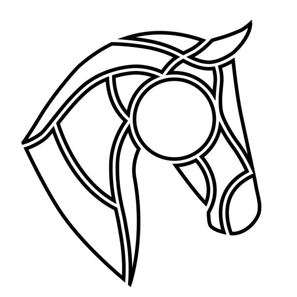 ilustrações, clipart, desenhos animados e ícones de silhueta de cabeça de cavalo ou pônei preto no branco. logotipo de arte da linha vetorial equina. - steeplechasing