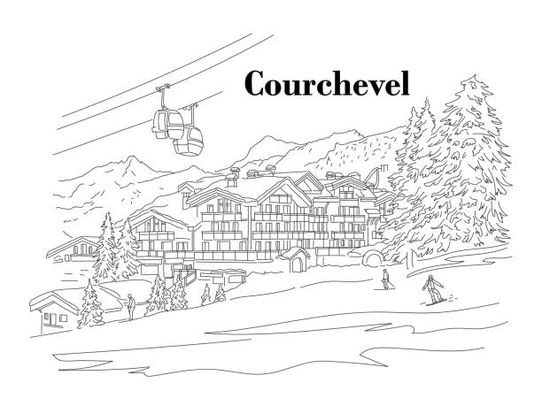 冬のクールシュヴェル。人々はスキーをしています。スキーリゾート。ベクトル線の図 - trois vallees illustrations点のイラスト素材／クリップアート素材／マンガ素材／アイコン素材