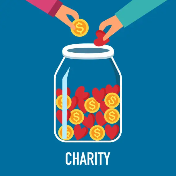 Vector illustration of Hands putting money and red heart in to the donation jar in flat design. Time for charity concept vector illustration. Kindness to poverty.