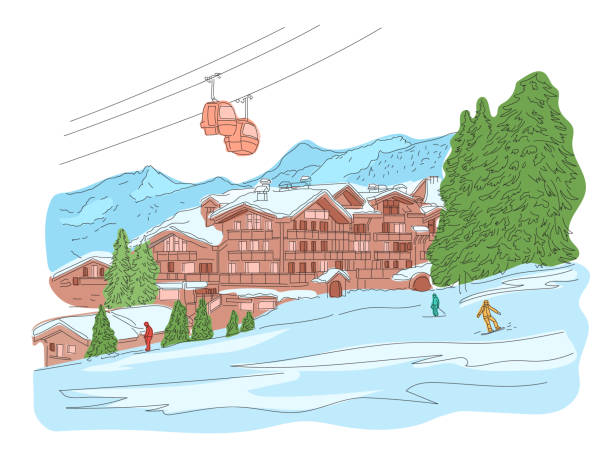 ilustrações, clipart, desenhos animados e ícones de courchevel no inverno. as pessoas estão esquiando. estação de esqui. ilustração da linha vetorial - trois vallees illustrations
