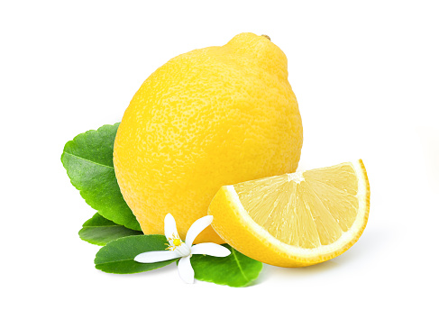 White background, yellow, lemon, leaves, flowers, fresh,Lemon slice, cooking, aroma, ingredients