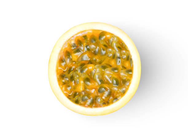 yellow passion fruit white background. Half sliced yellow passion fruit (Maracuya Passiflora) isolated on white background. Clipping path. Top view. Flat lay. attraction studio photography stock pictures, royalty-free photos & images