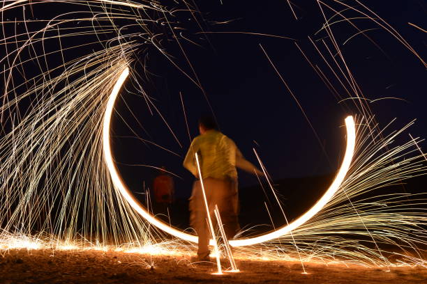 istock Iron wool circle drawing light fireworks. Burning Steel Wool spinning, Trajectories of burning sparks at night. Movement light effect, steel wool fire hoop. long exposure light painting, Pyrotechnic 1341251456