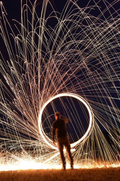 istock Iron wool circle drawing light fireworks. Burning Steel Wool spinning, Trajectories of burning sparks at night. Movement light effect, steel wool fire hoop. long exposure light painting, Pyrotechnic 1341251472