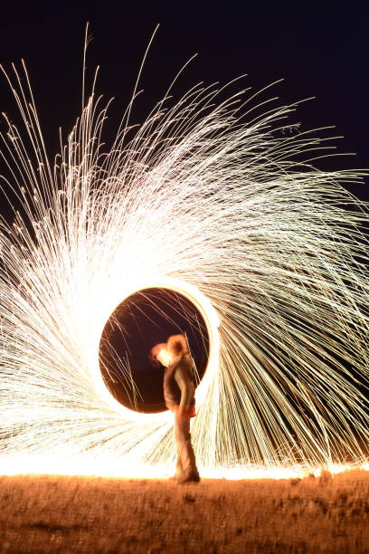 istock Iron wool circle drawing light fireworks. Burning Steel Wool spinning, Trajectories of burning sparks at night. Movement light effect, steel wool fire hoop. long exposure light painting, Pyrotechnic 1341251480